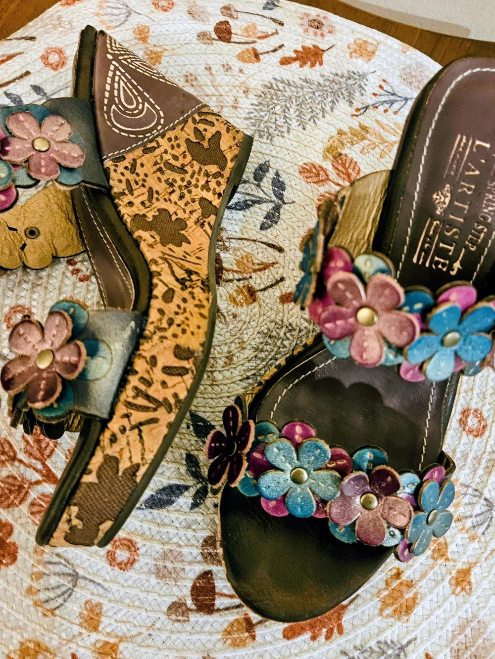 L'artiste Teal and Magenta Floral Leather Wedge Sandals